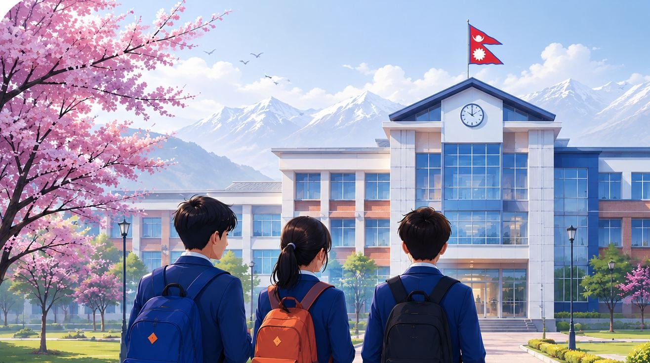 Students walking towards a school with the Himalayas and the flag of Nepal behind it